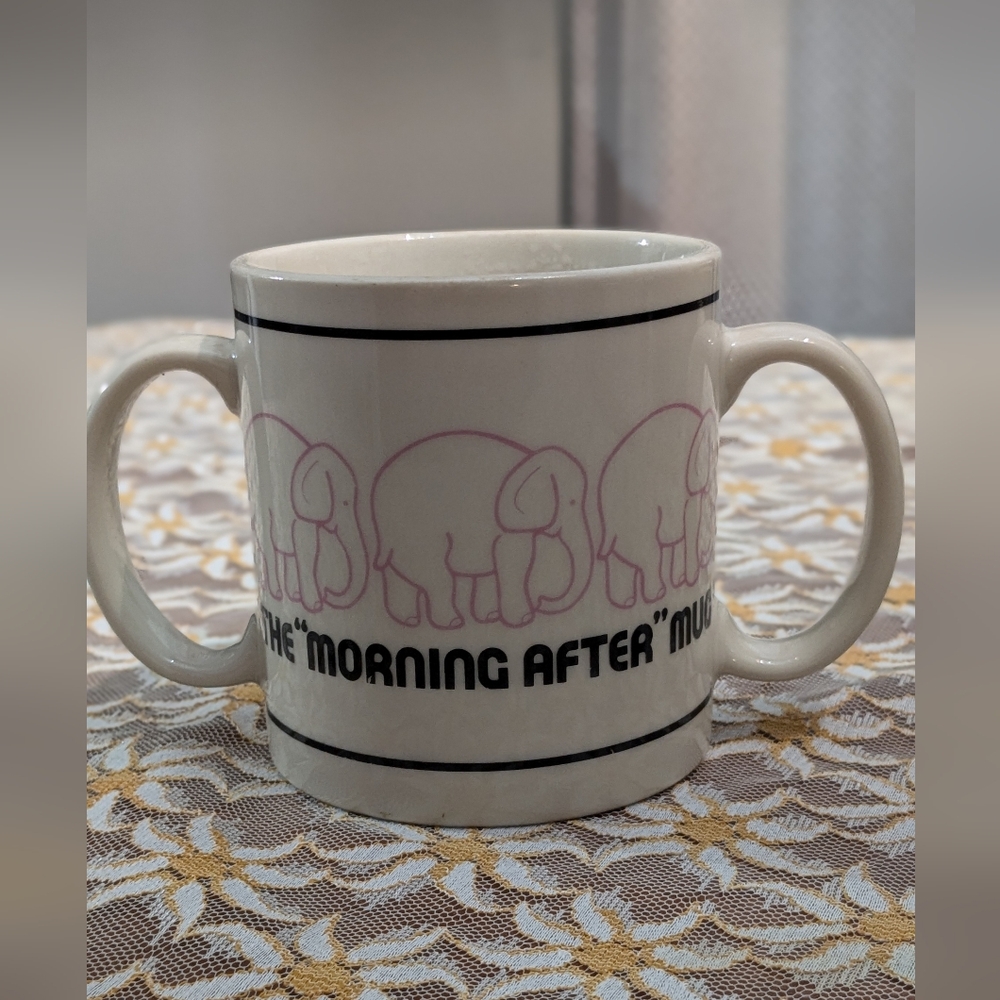 Vintage 1980s "The Morning After Mug" | Double Handle Coffee Cup | Pink Elephant
